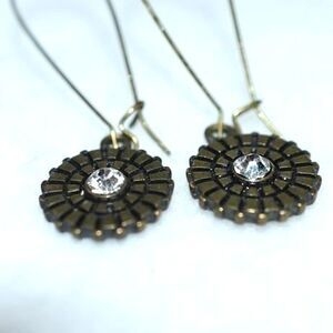 Rare Find Vintage 1950-60's Bronze Clear Rhinestone Dangle/Drop Hook Earrings
